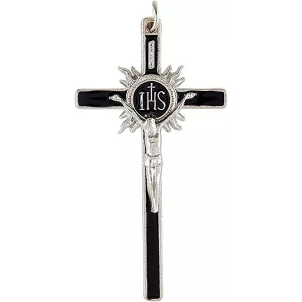 Black First Communion Crucifix Pendant Silver Toned Cross with Enamel