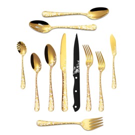 Stapava 53-Piece Gold Silverware Set with Serving Utensils, Stainless Steel Gold Flatware Cutlery Set, Mirror Eating Utensils Tableware with Butterfly Flower Laser, Dishwasher Safe