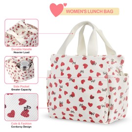 SYSAMA Lunch Bags for Women Cute Corduroy Lunch Tote Bag Reusable Insulated Thermal Lunch Box Bags Waterproof Leakproof Cooler Lunch Kit for Work, School, Picnic or Travel (Love Beige)