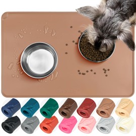 VIVAGLORY Flexmat Dog Food Mat Feeding Mat for Food and Water & Indoor Cats, Waterproof Silicone Grippy with Raised Edges Lip, S, Khaki