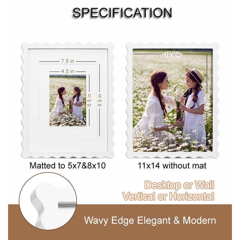 Scalloped 11x14 Picture Frame, Real Glass Wood Frame with Reversible