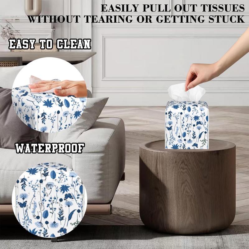 OHEGBXE Blue Botanical Plants Tissue Box Cover Square, Tissue Box
