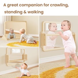 Woodtoe 3-in-1 Montessori Mirror with Bar, Adjustable Toddler Mirror & Pull Up Bar, Montessori Learning Toy for Baby 6-18 Months, Nursery Mirrors, Natural Wood Furniture for Daycare, Kids Classroom