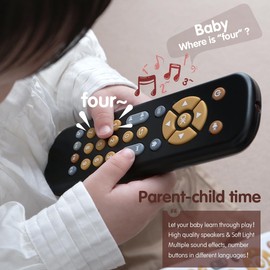 Baby TV Remote Control Toy with Light and Sound, Toddler Realistic Controller with 3 Languages, Early Educational Learning Musical Toys, Preschool Infant Boys Girls 6, 12, 18 Months (Black)