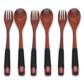 XMHF Wooden 9 inch Japanese Spoon Fork Set Kitchen Tableware Dinnerware Flatware Natural Wood Cutlery Wooden Dinner Utensil Set, 3 Spoons and 3 Forks (Black Tied Line)