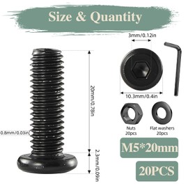 GOHODOMINO M5×20mm Flat Head Socket Cap Screws Bolts, Nuts, Flat Washers, 20Pcs, 304 Stainless Steel, Black Oxide, Allen Socket Drive, with Hex Spanner