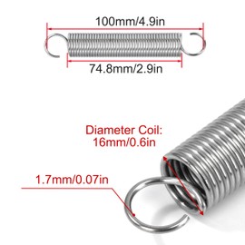 GUNGY Zugfedern mit Haken Edelstahl Zugfeder Spannfeder 100mm Außendurchmesser 16mm Drahtdurchmesser 1,7 mm Maximale Zugkraft 4,4kg 1,7x16x100mm 2 Stück