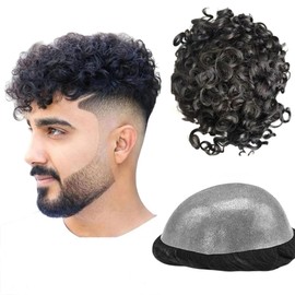 Toupee for Men Human Hairpiece Mens Toupee with PU Hair Units Curly Wave Mens Wigs Toupee Human Replacement System 10" x 8" (#1B Off Black)