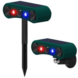 QXMH Solar Indoor&Outdoor Motion Sensor Alarm -129dB Loud Siren Noise Maker, 4 Modes, Ultrasonic Security Alarm, Red&Blue Motion Activated Strobe Light (2 Pack)
