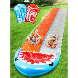SLOOSH Water Slides with 2 Inflatable Boards,22.5ft Double Lane Lawn Water Splash Slip and Slide with Advanced Sprinklers Summer Toy for Kids Adults Fun Backyard Summer Outdoor, Shark