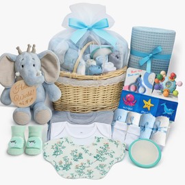 Baby Shower Gifts For Boys,Unique Gifts For Newborn Baby Boy,Large Baby Boy Gift Basket Set Essential Stuff,Baby Boy Gifts Basket Includes Blanket,Onesies,Washcloths,Socks,For Gender Reveal Gifts-Blue
