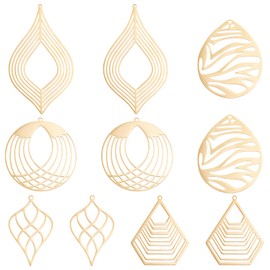 DICOSMETIC Pack of 10 5 Style Stainless Steel Filigree Pendants Golden Colour Flat Round/Leaf/Polygon/Teardrop Pendant Accessories for DIY Necklace Jewellery Making Hole: 1.6 mm Hole