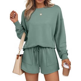 LILLUSORY Lounge Sets for Women Sweat Matching Two Piece Short Set Sweatsuits 2 Piece Casual Pajama Fall Fashion Outfits 2025 Clothes with Pocket Green M