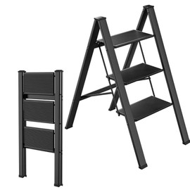 MAMIZO 3-Step Aluminum Step Ladder - Portable and Lightweight with Anti-Slip Wide Pedals, 330LB Capacity, Perfect for Kitchen, Office, Home, and Garage Use