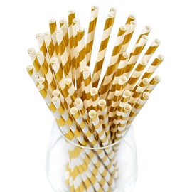 Lives on Green 7.75 inch Gold/White Striped Paper Straws for Drinking 100 Counts for Bar, Restaurant, Wedding, Party - Unwrapped