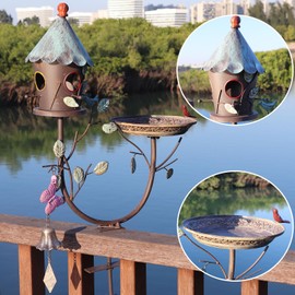 HLQMFHT Deck Bird Bath, 2 in 1 Metal Bird Bath and Bird Houses, Decorative Deck Mounted Bird Baths, Detachable and Adjustable Sturdy Deck Bird Bath for Outdoor Porch Yard Garden Decoration