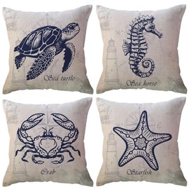 Ocean Beach Pillow Covers Double-sided Sea Life Cushion Covers Seaturtle/Seahorse/Crab/Starfish Coastal Nautical Decorative Pillowcases 18x18 Inch 4Pack for Patio Porch Couch Sofa (Beige)
