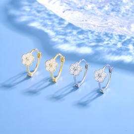Hinvan 2 Pairs 925 Sterling Silver Earrings Flower Hoop Earrings Huggie Tiny Silver Hoops Earrings Gold Earrings Hypoallergenic Small Floral Daisy Silver Earrings for Women Girls