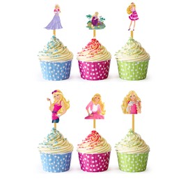 24x Fashion Doll Girl Pink t Theme Theme Bat Cupcake Toppers – Strong Picks Happy Birthday Décor, Cupcake Decorations for Kids Birthdays