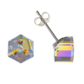 6MM WOMENS Sparkly Clear Rainbow AURORA AB Austrian Crystal Cube Stud Earrings/Ear Studs for Women/Teenage/Girls - 925 Sterling Silver
