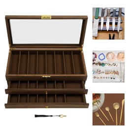 3-Tier Pocket Knife Display Case, 22 Compartments Pocket Knife Case with Glass Lid & Drawer, Knife Cases for Collections, Pocket Knife Storage for Men Gift (Walnut Color)