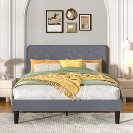 VECELO Full Size Bed Frame Premium Velvet Upholstered Platform with Height Adjustable Headboard/Mattress Foundation, Solid Wooden Slat Support, No Box Spring Needed/Easy Assembly
