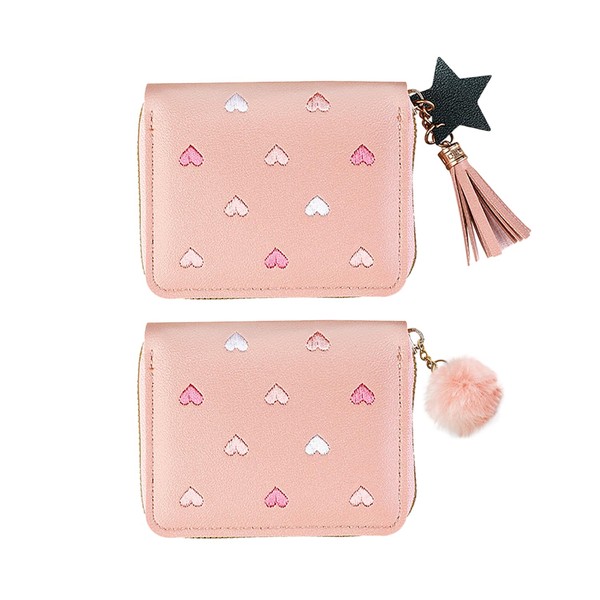 2 Pieces Pink Women's Wallet, Love Embroidered Wallet, Card Bag