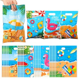 Windyun 100 Pieces Summer Party Favor Bags Beach Party Candy Bags Summer Pool Goody Candy Treat Bags Pool Beach Party Decorations Plastic Gifts Bags for Summer Hawaii Tropical Birthday Supplies