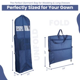 72" Wedding Dress Garment Bag - Accessory Pockets - Shoulder Strap - Attaches to Suitcase – Waterproof – Trifold – Designed for Full Skirts – Sturdy Carry Handle – Ideal for Travel