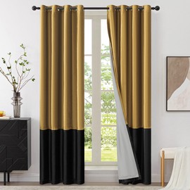 BULBUL Modern 100% Full Blackout Velvet Curtains,Gold Black 120 inches Long Liner Curtains Thermal Drapes Panels for Living Room Bedroom Grommet Set of 2