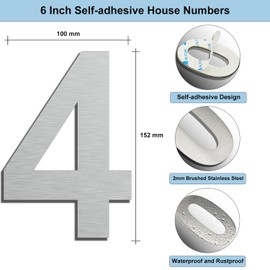 Self-adhesive House Numbers - 6 Inch Stainless Steel Door Numbers for Outside - Big Modern House Number,Garden Door Address Number for House - Visibility Signage Silver(4)