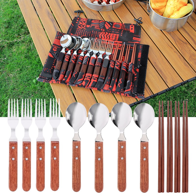 12 Pcs Stainless Steel Wooden Handle Tableware Set Outdoor 4