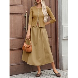 Tankaneo Womens 2 Piece Skirt Sets 3/4 Sleeve Knit Cardigan Elastic Waist Midi Skirt Outfits Casual Matching Dress Set