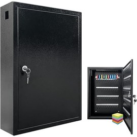 VORVIL Key Lock Box Cabinet with 64 Hooks, Wall Mount Key Storage Box, Key Organizer Locker Box, Heavy Duty Galvanized Steel Key Lock Box with 64 Key Tags and Labels (64 Hooks)