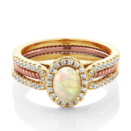 Gem Stone King 1.13 Ct Oval Cabochon White Ethiopian Opal 18K Yellow Gold Plated Silver Stackable Ring (Size 5)