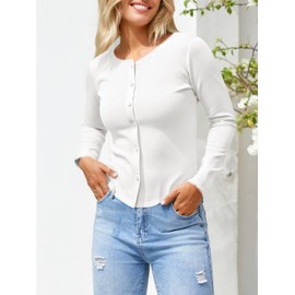 Tankaneo Womens Long Sleeve Button Down Tops Ribbed Knit Cardigan Fitted Going Out Fall Shirts White