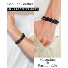TOLOWOBK Mens Bracelets Leather Bracelet for Men Engraved A-Z Initial, Double Layer Genuine Leather Bracelets with Black Magnetic Clasp, Fathers Day Birthday Gifts for Dad Son Husband Grandad