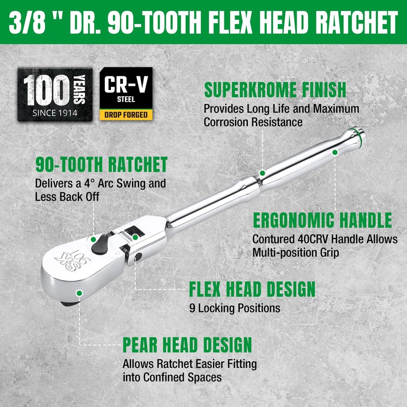 SK 3/8" Drive Flex Head Ratchet Handle, 90-Tooth Ratchet,Premium CR-V