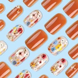 Spring Press on Nails Short Square Fake Nails Flower Nails Press Ons Acrylic False Nails with Floral Designs Full Cover Glue On Nails Orange Stick On Nails For Women 24Pcs