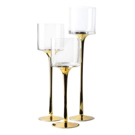 Royal Imports Glass Candleholder Flower Vase, Floating & Pillar Candle Centerpiece Display, Decorative Hurricane on Pedestal for Home or Wedding Set of 3, Gold