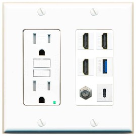 RiteAV 3 HDMI USB3 USBC Coax Wall Plate - GFCI Outlet [White]
