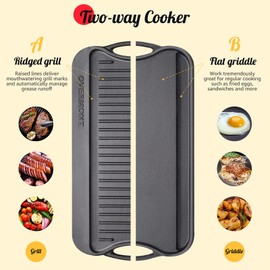 Overmont Pre-seasoned 17x9.8" Cast Iron Reversible Griddle Grill Pan with handles for Gas Stovetop Open Fire Oven, One tray, Scrapers Included
