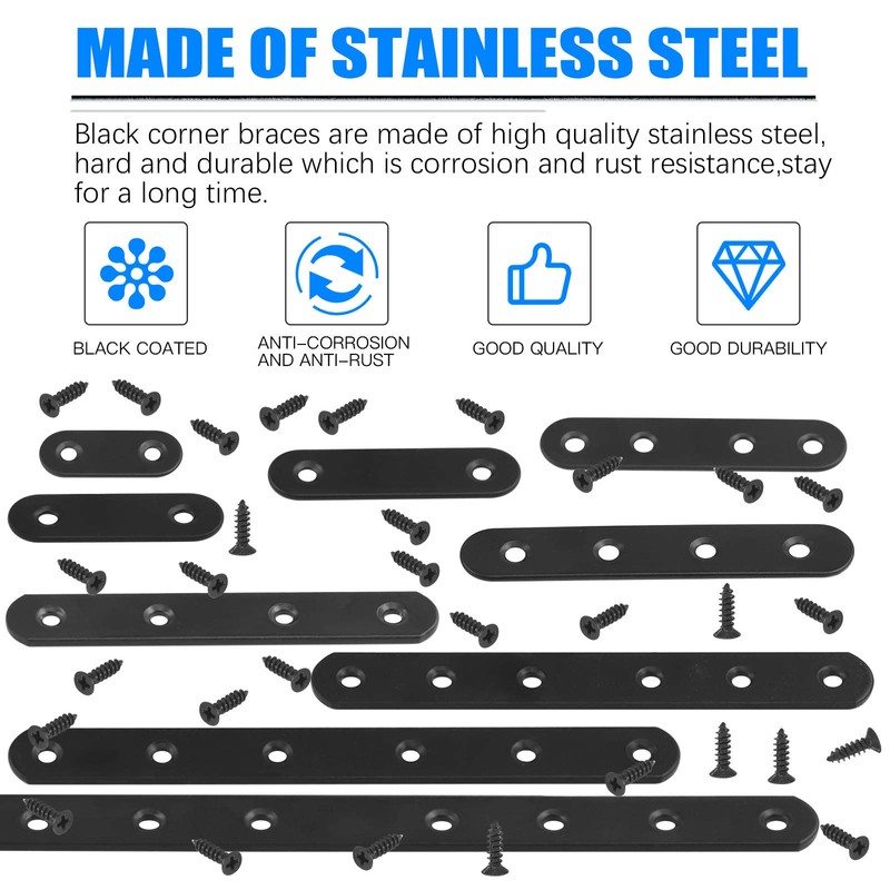 Glarks 20 Sets 60mm Flat Straight Corner Brace Black Metal