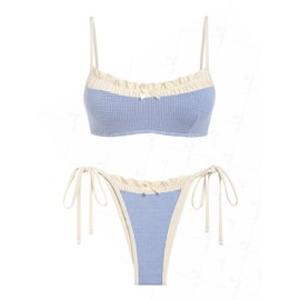 seamoly Gingham Spliced Ruched Ruffles Trim Bowknot Decor Tie Side Bikini Set, Deep Blue, X-Small