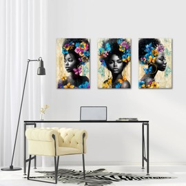 KLVOS 3 Piece African American Wall Art Beautiful Black Women Painting Blue Flower Pictures Butterfly Art Prints Framed Portrait Artwork Lady Home Bathroom Bedroom Office Wall Decorations