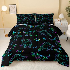 QOOMO Jurassic Dinosaur Kids Bedding Set, Black, Twin Size