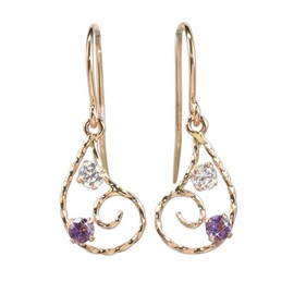 Kk170 Amethyst 10K Gold Dangling Earrings, Hook Earrings, Drop CZ, Drips, K10, 10k Pink Gold, Drops, February, Birthstone, Women's, Female, Deluxe, Cute, Fashionable:, Cubic Zirconia, Amethyst
