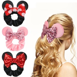 UHOMENY 3PCS Mouse Ears Hair Bows for Girls, Cute Hair Bows Set Sequin Bows Ponytail Hair Ties Velvet Scrunchies Elastic Rubber Hair Band(Black-Red White Dot + Pink-Shimmer Pink + Black-Red)