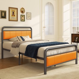 soges Twin Platform Bed with Upholstered Headboard and Footboard, Heavy Duty Metal Slats Support Bed Frame, No Box Spring Needed, Under-Bed Storage, Noise Free, Easy Assembly, Orange