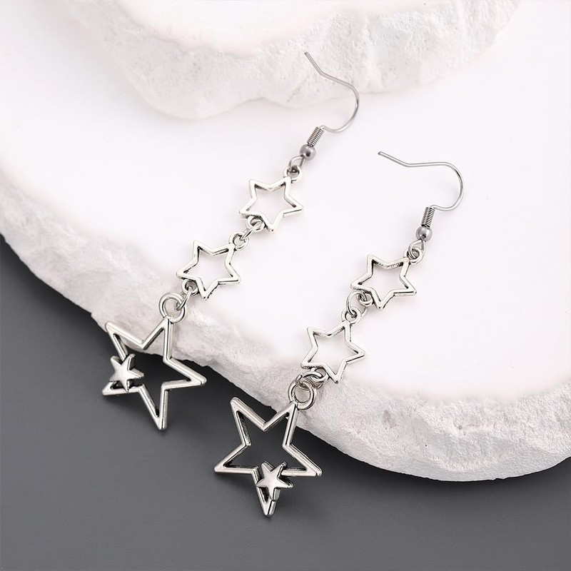 Boho Silver Star Drop Dangly Earrings for Women, Statement Retro